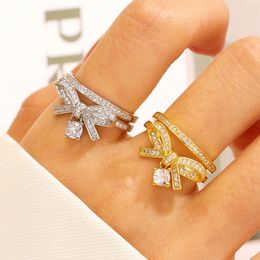 Cute Bowknot Open Ring Silver Gold Women Rhinestone Bowknot Rings Fashion Jewelry for Gift Party