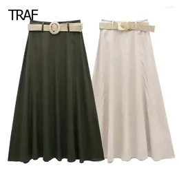 Skirts Midi Linen Skirt Women's Spring Summer 2024 High Waist Long With Belt Elegant Lady Beach Collection