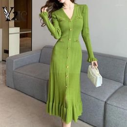 Casual Dresses Y2K Clothes Autumn Winter Knitting Solid V-neck Single Breasted Midi Long For Women Chic Korean Elegant Ropa