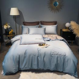 Bedding Sets 2024 Long-staple Cotton Four-piece Bed Linen Stitching Embroidery Plain Colour Light Luxury Style Cyan-blue