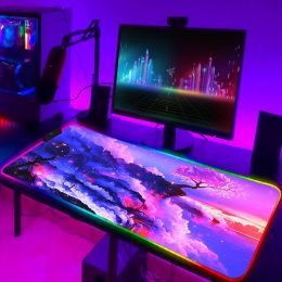 Pads LED Mousepad RGB Mouse Pads Pad Cartoon Gaming Cherry Blossoms 900x400 Extended Laptops Xxl Desk Accessories Anime Gamer Mat