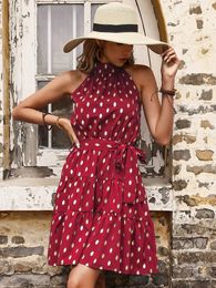 2024 Summer Women Sleeveless Polka Dot Ruffle Hem Halter Dresses Straps A-Line Vestidos Boho Beach Vacation Sexy Sundress 240422