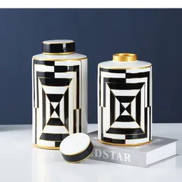 Storage Bottles Gold-plated Stripe Ceramic Jar Crafts Porcelain Jars With Lids Desk Decoration Tea Caddy Candy Pots Cereal Dispenser