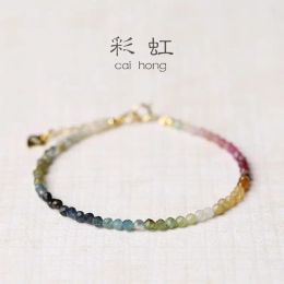 Strands Natural Extremely Thin 2mm Rainbow Small Tourmaline Bracelet Women's Gradient Ins Niche Design Light Luxury Girl's Hand String