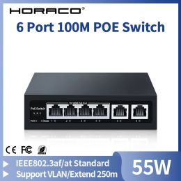 Control HORACO 6 Port POE Switch 100Mbps Smart Fast Switcher 55W VLAN with IEEE802.3af/at for IP Camera,NVR,Security Surveillance