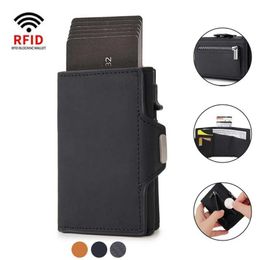 Money Clips 2023 Credit Card Holder Men Wallet RFID Aluminium Box Bank PU Leather Wallets with Money Clip Carbon Fibre Bank Cardholder Case Y240422