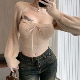 Women's Knits Tanks Sexy Camis Tops Bow Tie Strapless Sleeved Cardigan Knitted Sweaters For Women 2 Set Cropped Korean Fashion Pull Femme