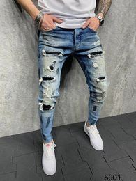 Blue skinny jeans for men Painted stretch slim fit ripped pleated knee patch jeans brand casual pants for men 240420