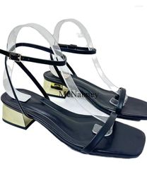 Dress Shoes Black Women's Sandals Summer Square Toe Gold Chunky Middle Heel Buckle Strap Design Classic Style Fashionable And Versatile