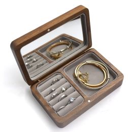 Display Wood Custom Wedding Valentine Walnut Proposal Engagement Ring Holder Box Packaging Earring Makeup Gift Case with Mirror