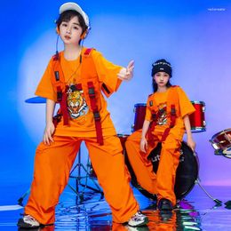 Stage Wear Boys Hip Hop Orange Tshirt Street Dance Pants Girls Blouse Baggy Sweatpants Children Streetwear Kids Jazz Clothes Sets