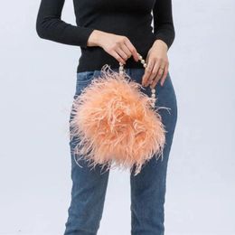 Waist Bags Ostrich Feather Handbag With Pearl Chain Mini Purse For Party Furry 2024 Peach Fuzz Wedding Bride Romantic Pink Orange Bag