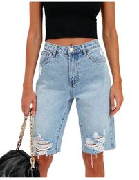 Summer Mid Waist Ripped Denim Shorts For Women Fashion High Stretch Knee Length Straight Jeans S-2XL Drop Ship 240418