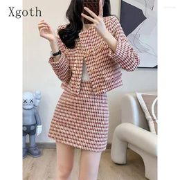 Work Dresses Small Fragrance Style Skirts Set Women Spring/Autumn Korean Fashion Sweet Pink Plaid Short Coat Half Skirt Two Piece