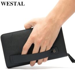 Wallets WESTAL Men's Wallet Genuine Leather Men Clutch Bag Double Zip Passport Wallet for Cards Coin Long Wallets Purse Hand Bag Pouch