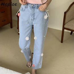 Women's Pants Neploe 2024 Summer Denim Blue Women Fashion Sweet 3D Flower Pearl Bow Trousers Y2k Loose Straight Wide Leg Jeans