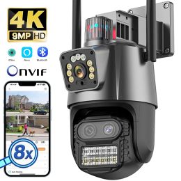 Cameras 4K 9MP HD IP Camera Outdoor 8X Zoom Three Lens Dual Screen Wifi PTZ Camera 6MP Police Light Alarm Video Surveillance Onvif ICSEE