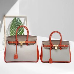 Bag 2024 Leather Platinum Lychee Pattern Women's Color Matching Head Layer Cow One Shoulder Handbag Fashion