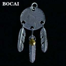 Pendants BOCAI New S925 Silver Jewellery Accessory Handcrafted Chieftain Portrait Three Feather Pendant for Men and Women Free Shipping