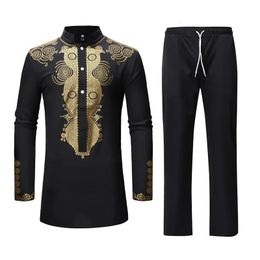 Spring and Autumn Mens Casual Loose Fit Large African Ethnic Print Long Sleeve T-shirt and Pants Set 240417