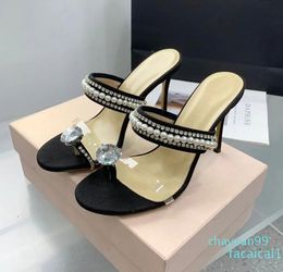 Повседневная дизайнерская мода Женщины Satin Bow Gears Crystal Strappy High Heels Sandals The Ware Shoes Slipper Sandalias 10 см.