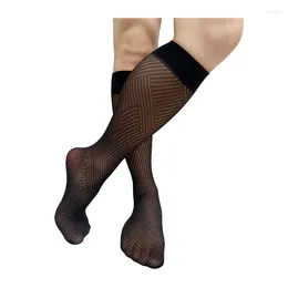 Men's Socks Knee High Mens Formal Striped Black Thin Sheer Long Tube Business Sexy Stocking Lingerie Club Hose See Through