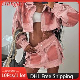 Work Dresses 10sets Bulk Items Wholesale Pink Denim Cardigan Jacket Skirt Two Piece Set Outfits For Women 2024 Autumn Sexy Dress Sets B12128