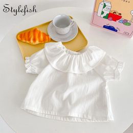 Baby TShirt Summer Trend For Boys And Girls Versatile Ruffle Collar Short Sleeved Shirt Top White Style 240409