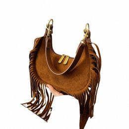 half Mo Underarm Bag For Women Fi Tassel Suede Leather Shoulder Bag Female Vintage Handbag Armpit Bag Tote Sac A Main F8ag#