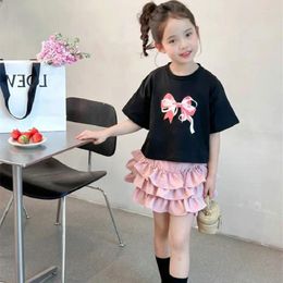 Clothing Sets Girls Summer Set 2024 Loose Solid Color Printed Bow T-shirt And Skirt Two Pieces Casual Comfortable Childrens