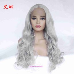 HD Body Wave Highlight Lace Front Human Hair Wigs For Women New Fashion Grandma Grey White Large Long Curly Wig Synthetic Fibre Half Handwoven Headband