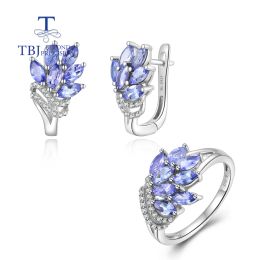 Sets New Natural Tanzanite Gemstone Stunning Flower Ring Earring 925 Sterling Silver Luxury Jewelry for Women Lady Wedding Party Gift