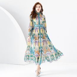 New Chiffon Vintage Floral Print Stand Neck Belt Lantern Sleeve Women Loose Midi Long Shirt Dresses Casual Party Holiday Spring Summer Fall Wholesale Dropshipping