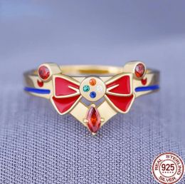 Rings 925 Sterling Silver Anime Sailor Moon Tsukino Usagi Red Enamel Opening Ring for Women Girls Finger Ring Fans Cosplay Jewelry