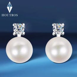Earrings Houtros 0.1/0.3 Carat Moissanite Stud Earrings For Women Freshwater Pearl Drop Earring 925 Sterling Silver Fine Jewellery with GRA