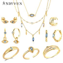 Strands ANDYWEN 925 Sterling Silver Blue Zircon CZ Piercing Cuff Stud Earring Drop Pendiente Bracelet Ring Necklace Choker Jewellery Set