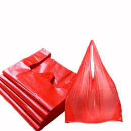 Bags 50pcs Red Plastic Bag Supermarket Grocery Gift Shopping Bag Thicken with Handle Vest Bag Kitchen Storage Clean Garbage Bag