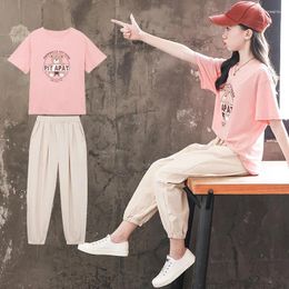 Clothing Sets 2024 Korean Summer Children Girl Tracksuit Teenager Cartoon Bear Cotton T-shirt Sport Pants Students Clothes