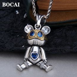 Pendants BOCAI 2021 Trend 100% s925 Silver Jewellery New Doll Aviator Bear Love Heart Blue Zircon Men and Women Pendant Rotatable Limbs