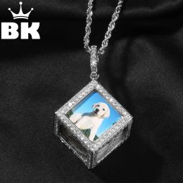 Necklaces THE BLING KING Men's 3D Cube Custom Memory Photo Pendant Necklace Iced Out 5A CZ 14k Gold Plated Personalised 6 Sides Pictures