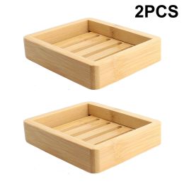 Dishes 2pcs Natural Wooden Bamboo Soap Dish Tray Holder Storage Soap Rack Plate Drain Box Portable Bathroom Soap Dish Storage Box