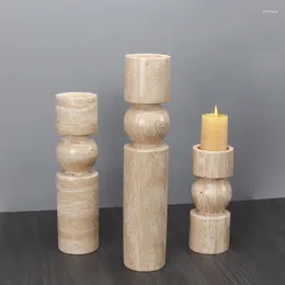 Candle Holders Desktop Soft Decoration Natural Marble Yellow Hole Stone Pillar Shaped Central Spherical Design Candlestick Ornament