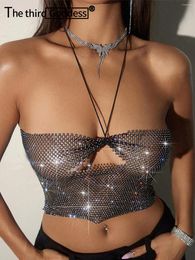 Women's Tanks Sexy Halter Rhinestone Corset Crop Top Women Summer Y2k Clothes See Through Fishnet Tank Beach Club Party Tops Rave Outfit