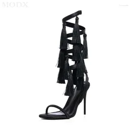 Sandals Fashion Sexy Black Tassels High Heel Open Toe Wrap-around Lace-up Shoes Women All-Match Summer Big Size Roman Party