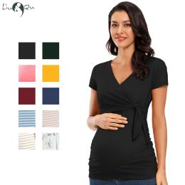 Clothing Pregnancy Summer TShirts Maternity Short Sleeve Tops Breastfeeding Tees for Pregnant Fashion top Maternity Wrap Shirts Clothes