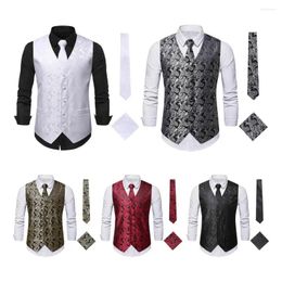 Men's Vests 3Pcs Men Spring Waistcoat Set Cashew Nut Print Wedding Suit V-neck Single Breasted Business Tie Kerchief