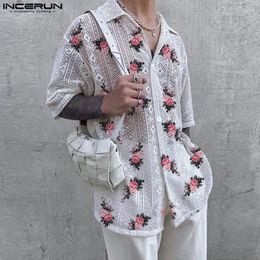 Men's Casual Shirts 2024 Men Shirt Mesh Transparent Flower Printing Lapel Short Sleeve Summer Clothing Streetwear Fashion INCERUN