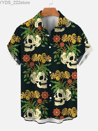 Men's Shirts Retro Skull Flower Mens Shirt Interesting Skull 3D Printing Street Clothing Short sleeved T-shirt Haian Shirt Mens Flip Collar Shirt yq240422