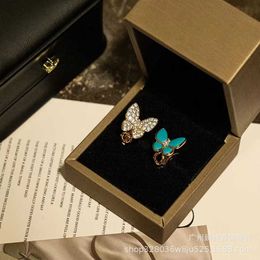 Designer charm High version Van Butterfly Earrings for Womens New Turquoise Full Diamond Asymmetric with White Fritillaria Bow Knot jewelry