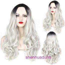 Designer human wigs hair for women Black gradient silver gray long curly dyeing series wig headband Xuchang rose net